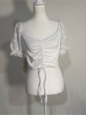 White Ruched Front Puff Sleeve Crop Top